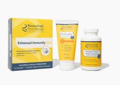 Researched Nutritionals Transfer Factor Multi-Immune bottle shows bovine transfer factors and colostrum.
