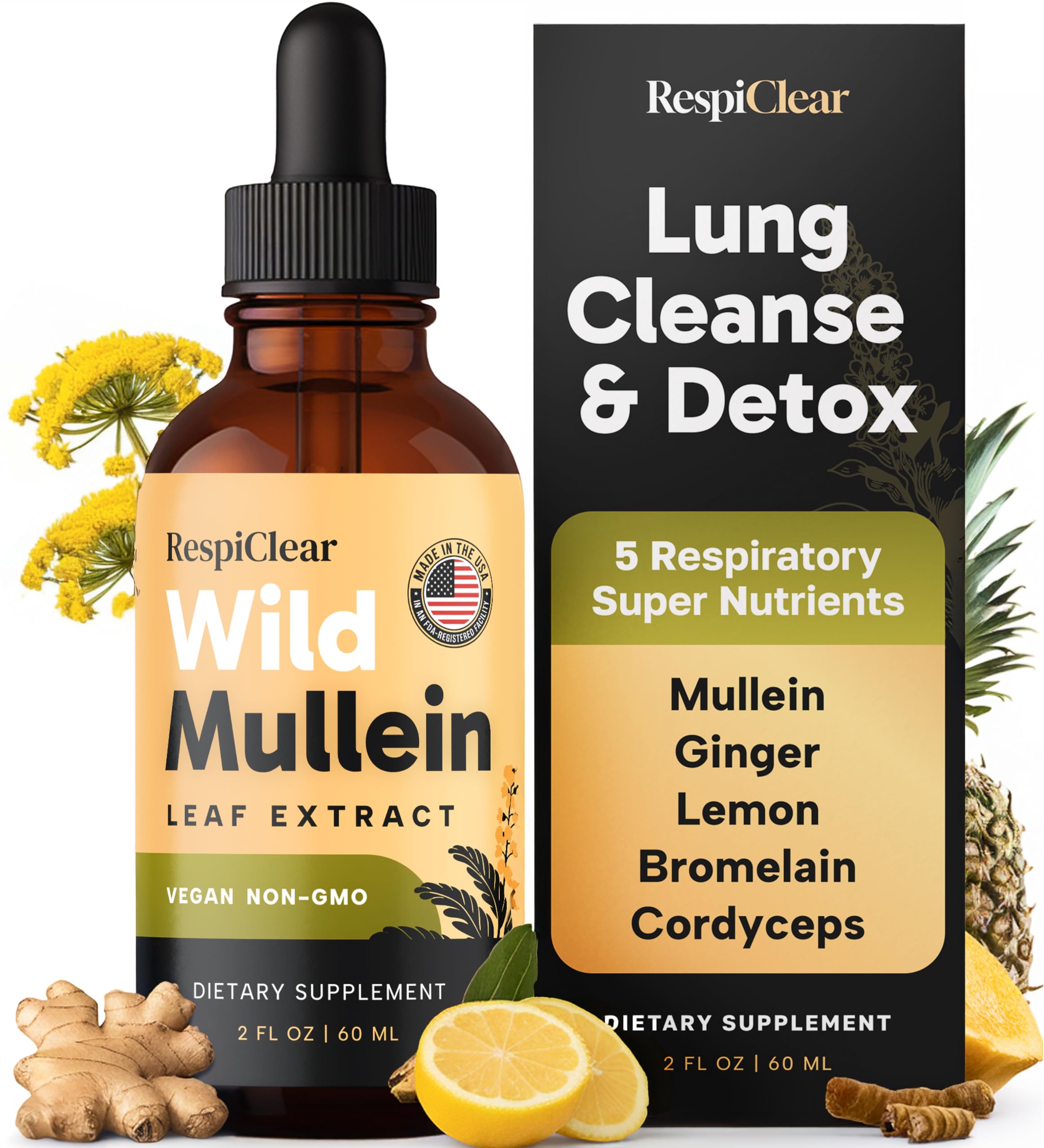 RESPICLEAR Mullein Drops bottle with ginger and lemon for natural respiratory support