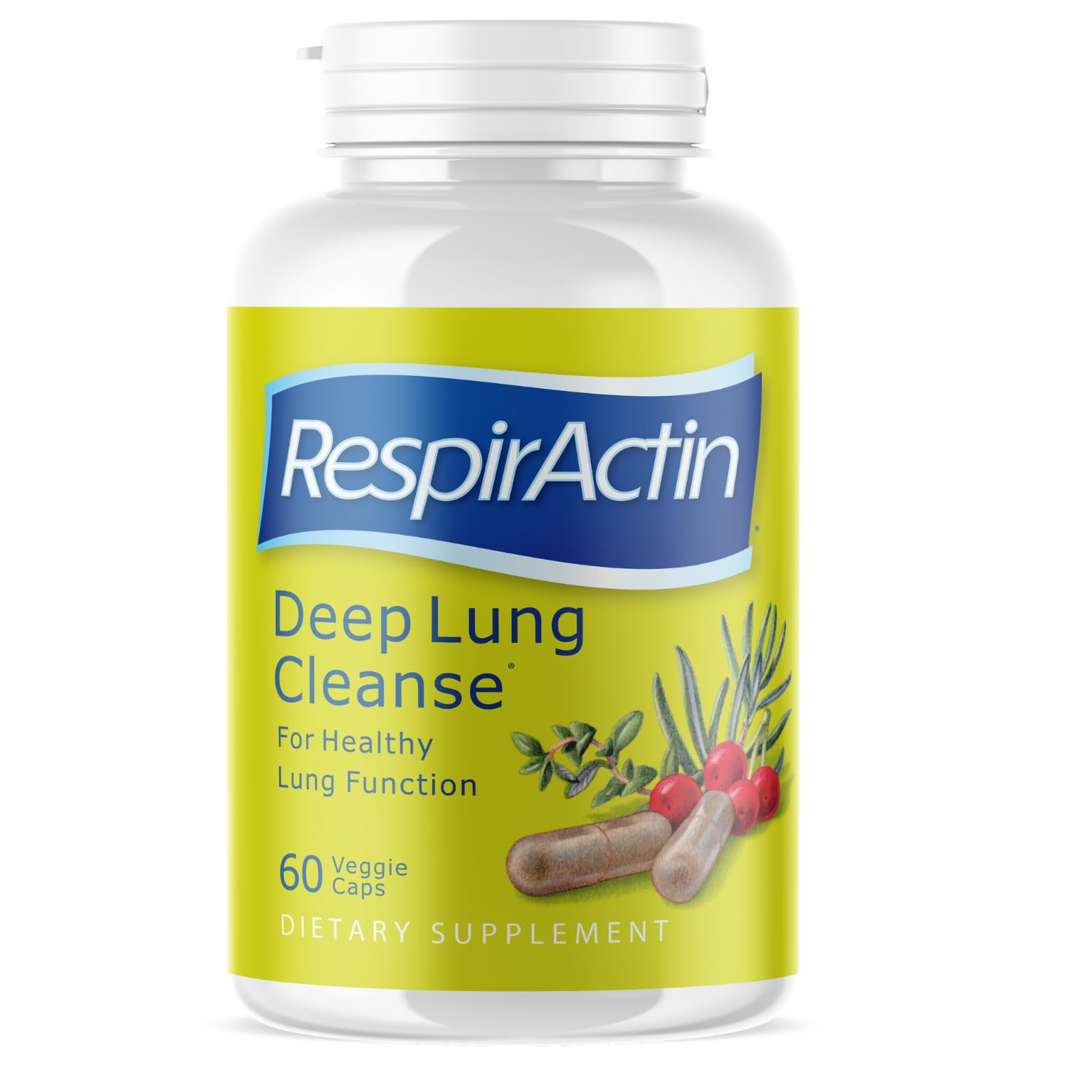 RespirActin Deep Lung Cleanse bottle with capsules shown for daily respiratory support