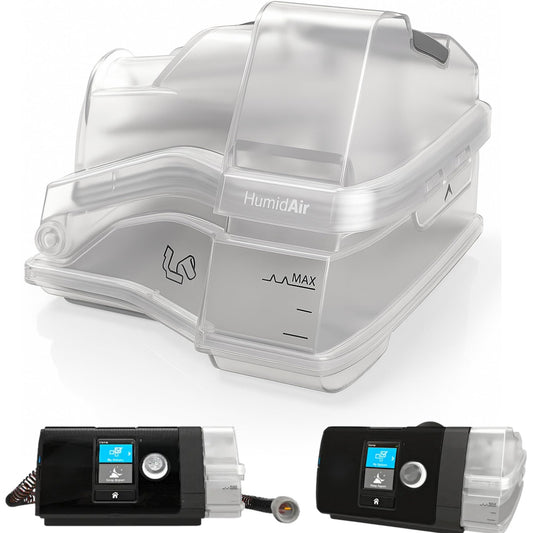 RespiraX AirSense 10 water chamber tank shown fitting securely for quiet operation.