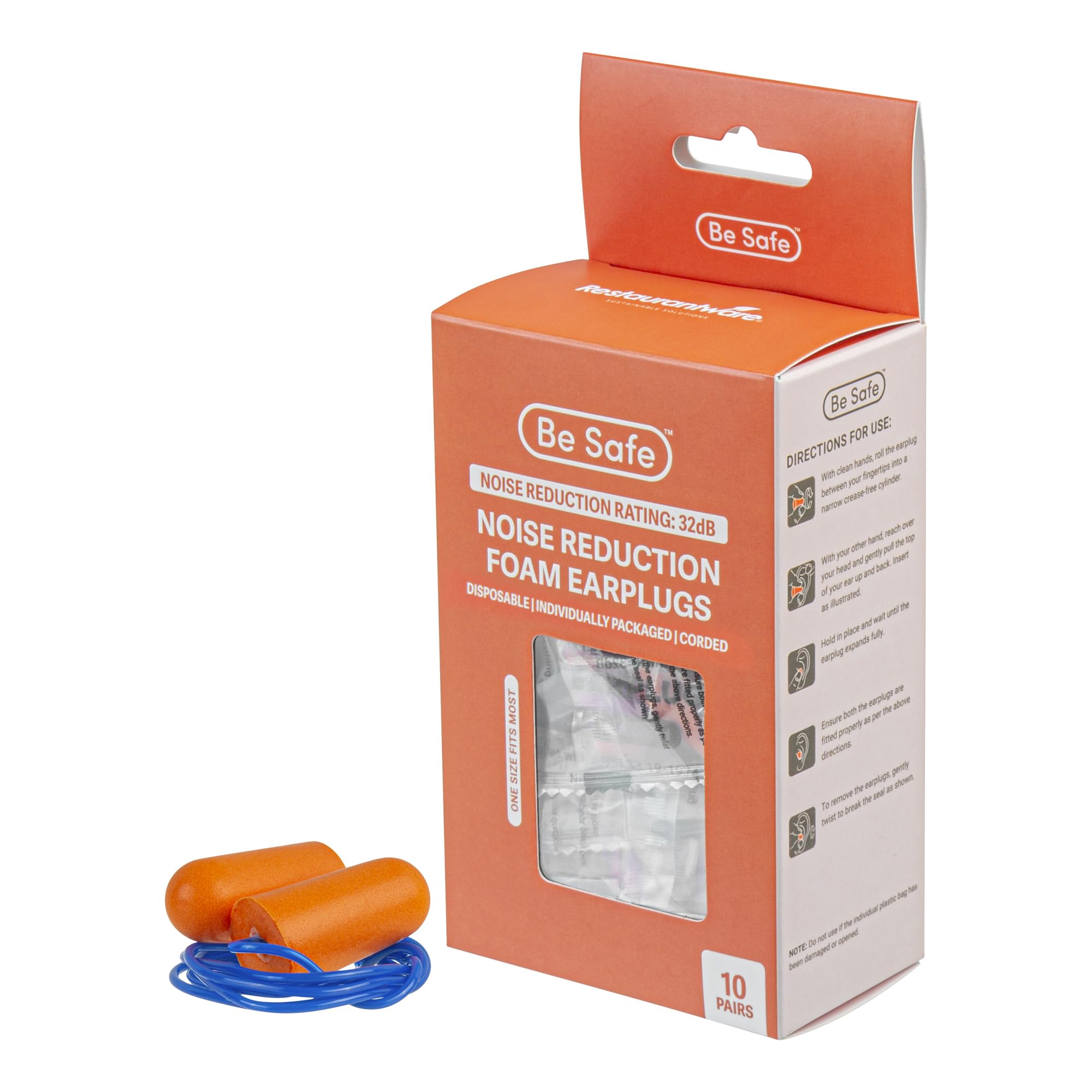 Restaurantware foam ear plugs 200-pack box in orange and blue, ideal for busy kitchens.