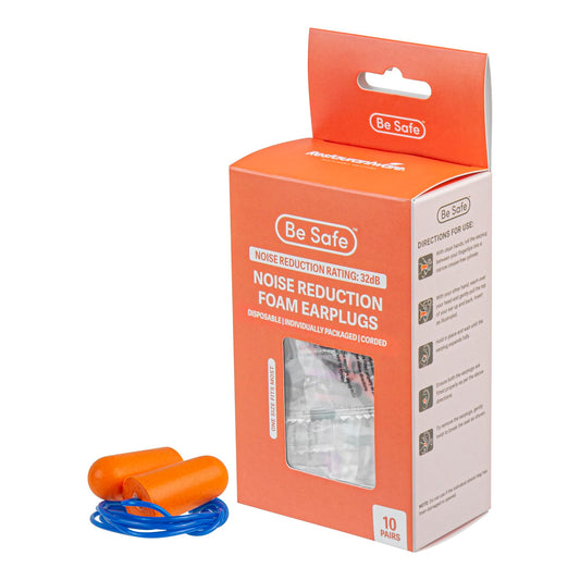 Restaurantware foam ear plugs 200-pack box in orange and blue, ideal for busy kitchens.