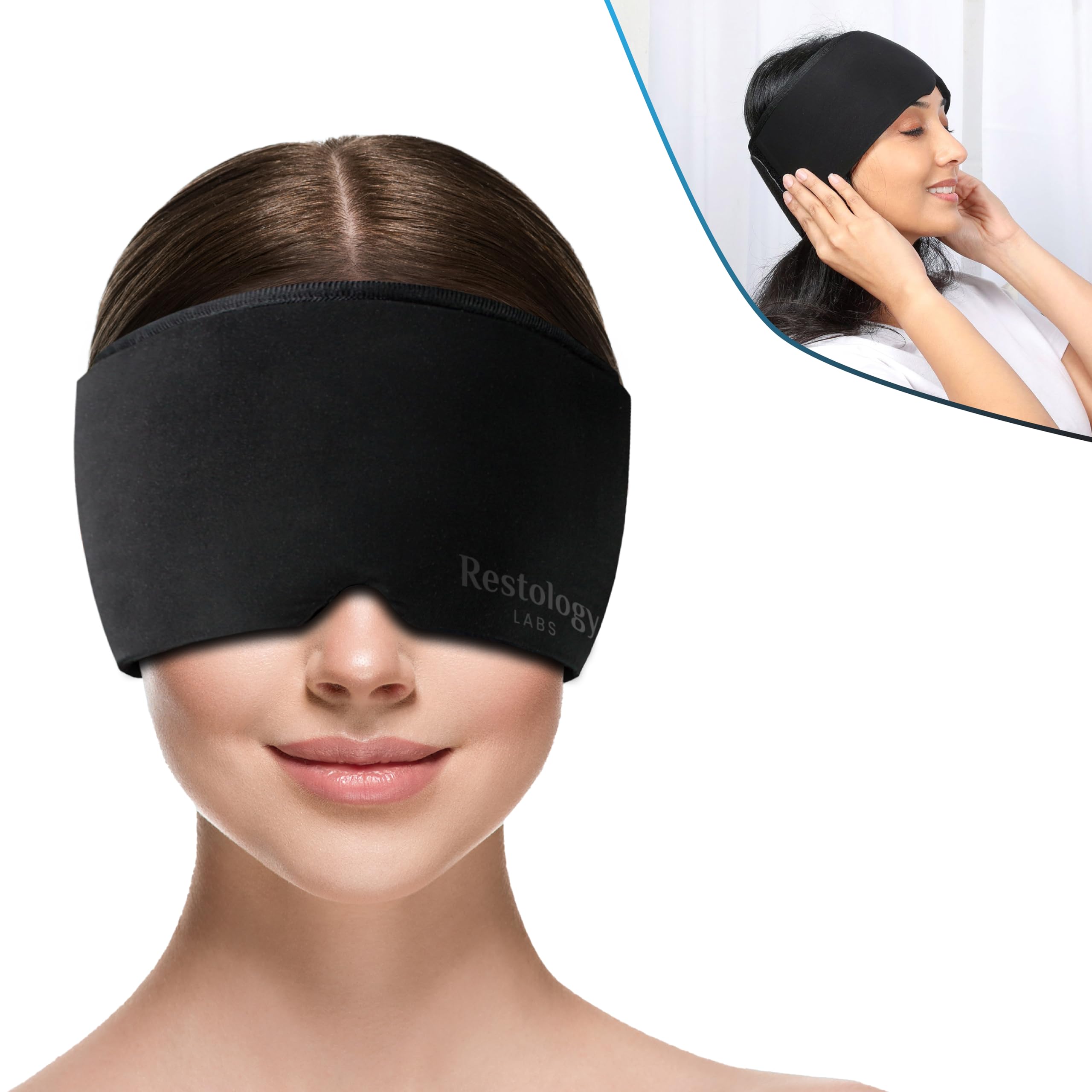 Restology Labs migraine mask with ice pack providing cooling relief during headaches.