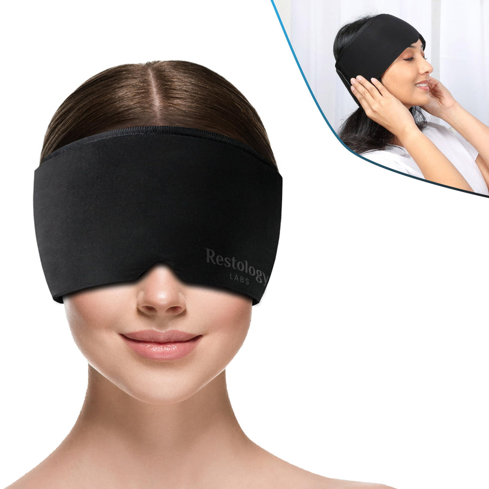 Restology Labs migraine mask with ice pack providing cooling relief during headaches.