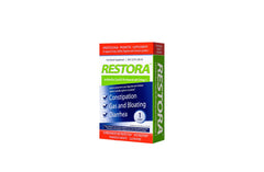 Restora Probiotic Supplement bottle with capsules supports daily gut balance.