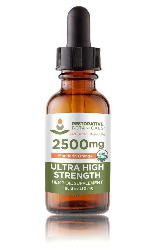 Restorative Botanicals hemp oil bottle front view, 2500mg strength for daily mood support.