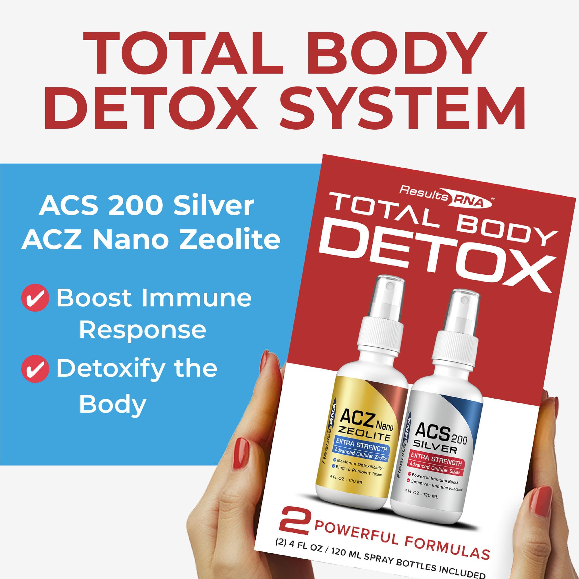 Results RNA ACZ Nano Zeolite bottle close-up highlighting detox focus.