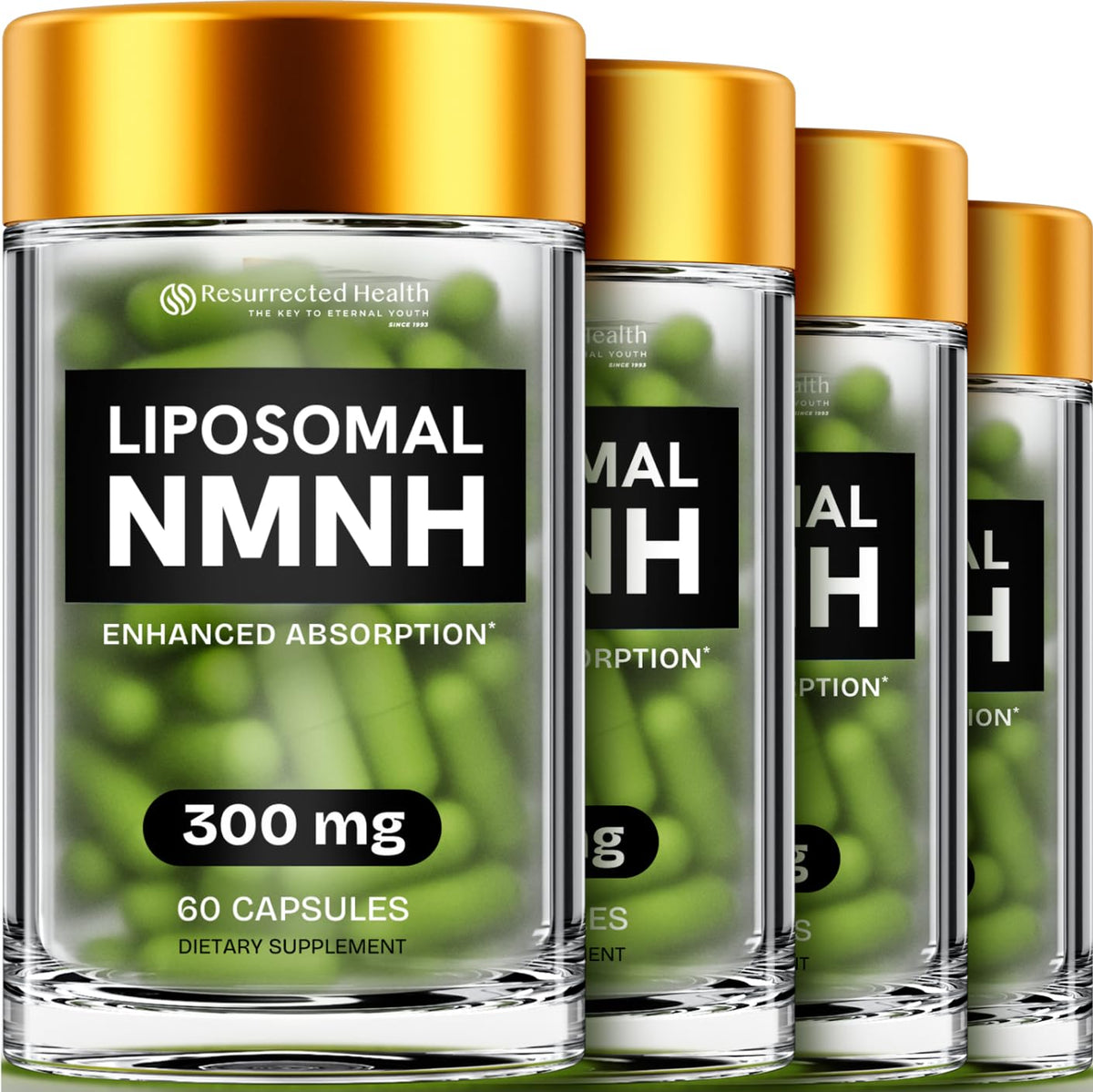 Resurrected Health NMNH 300mg bottle close-up highlighting vegan formula and purity.