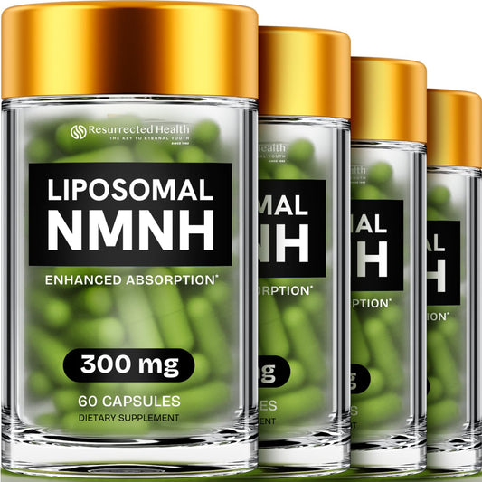 Resurrected Health NMNH 300mg bottle close-up highlighting vegan formula and purity.