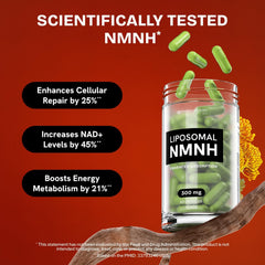 Close-up of NMNH capsules highlighting 300 mg dose and easy swallow.