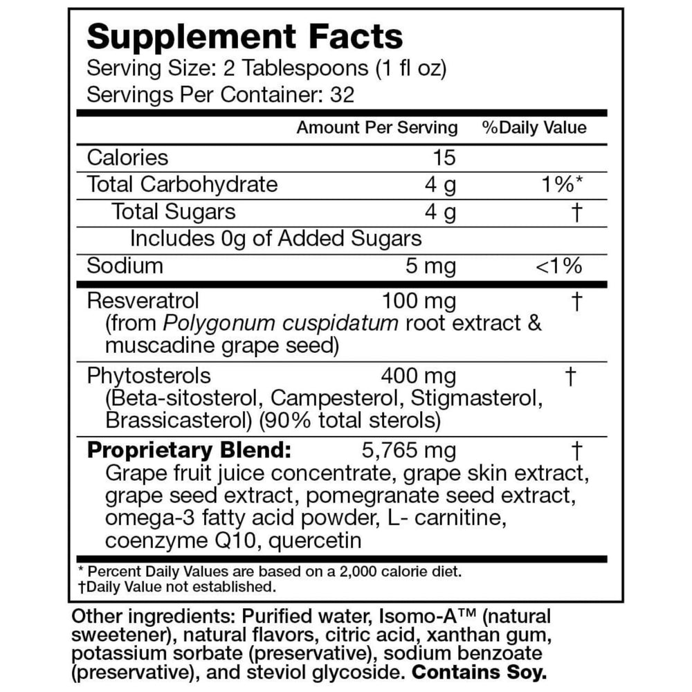 Resvinatrol Complete bottle label close-up, featuring phytosterols and resveratrol ingredients.