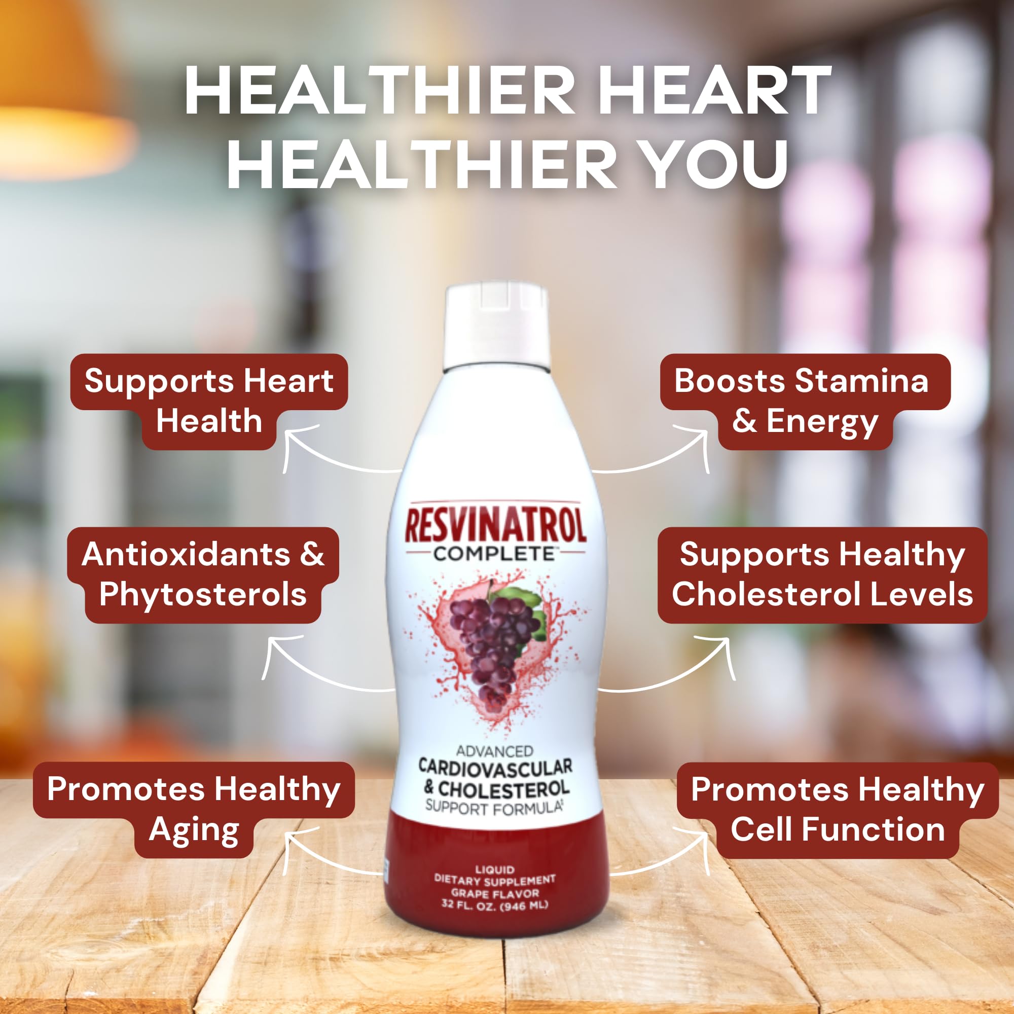 Resvinatrol Complete glass served with grape flavor, suggesting enjoyable heart-friendly nutrition.