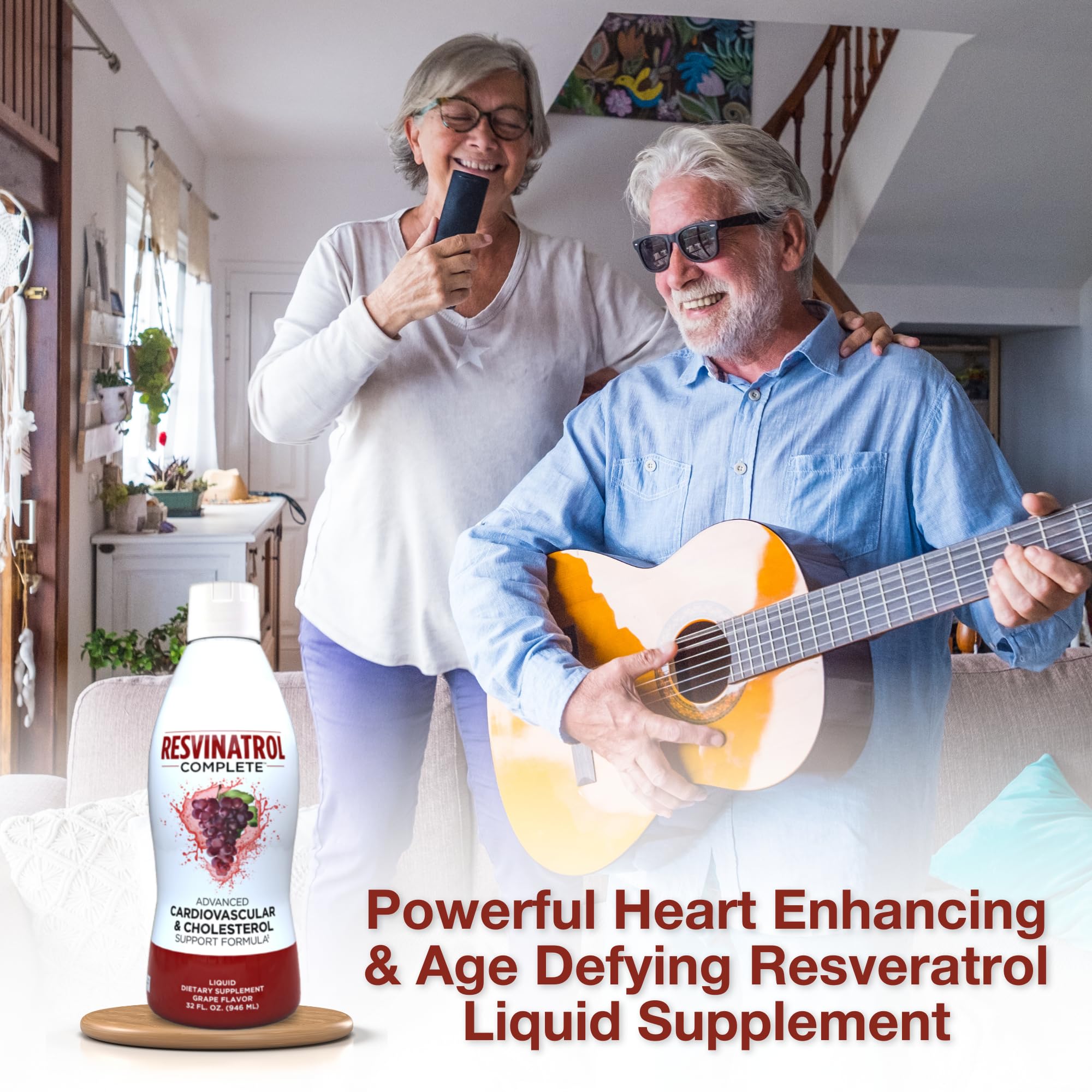 Resvinatrol Complete ingredients chart highlights CoQ10, omega-3, and grape seed extract.