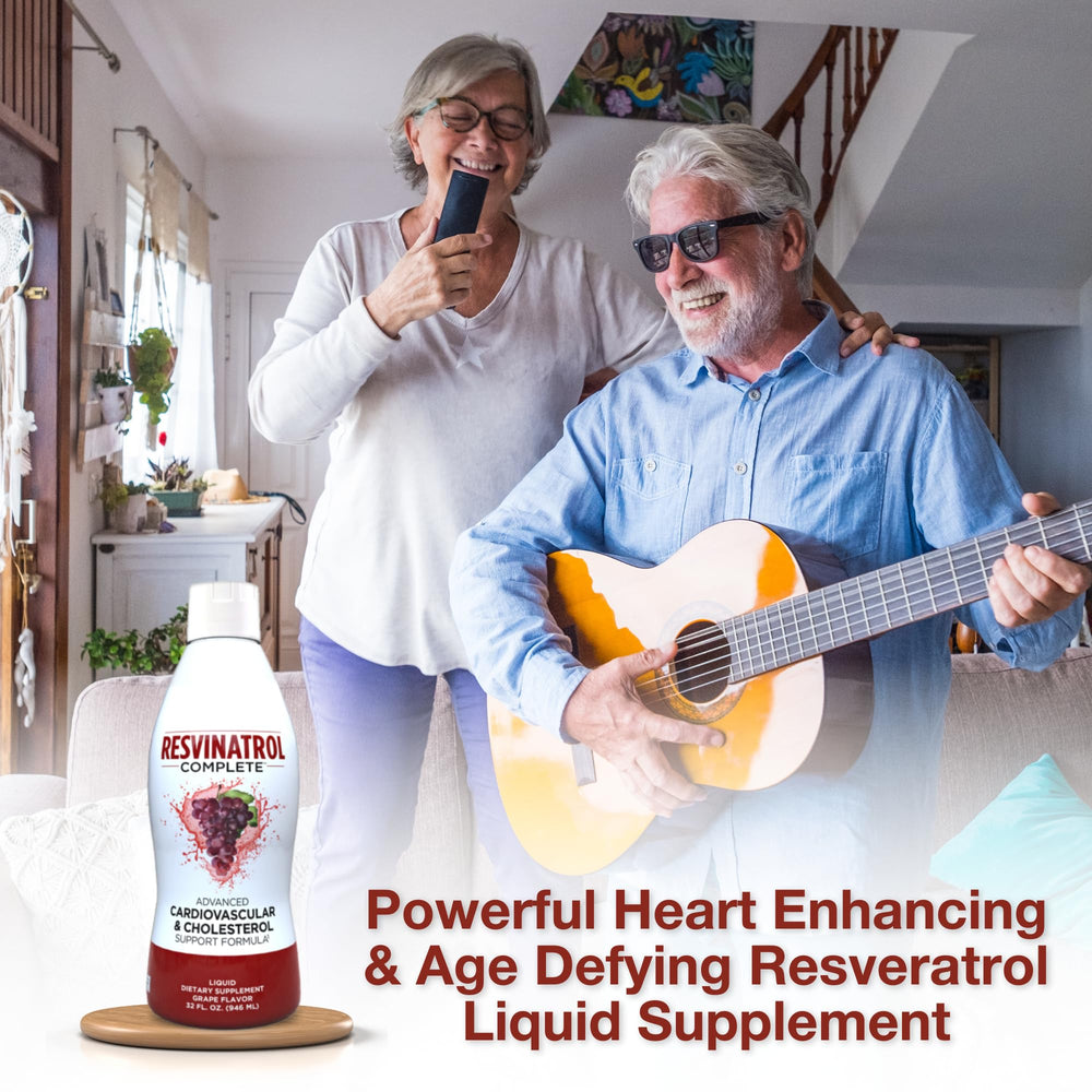 Resvinatrol Complete ingredients chart highlights CoQ10, omega-3, and grape seed extract.