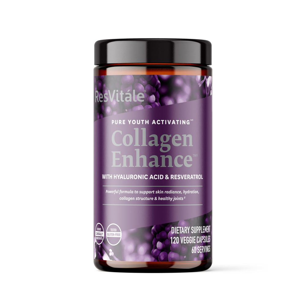 ResVitale Collagen Enhance bottle highlights skin hydration and vitality.
