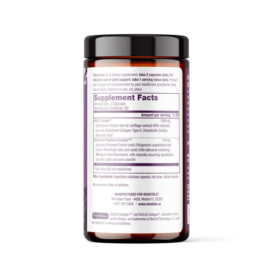 ResVitale Collagen Enhance capsules close-up emphasizes type II collagen for joints.