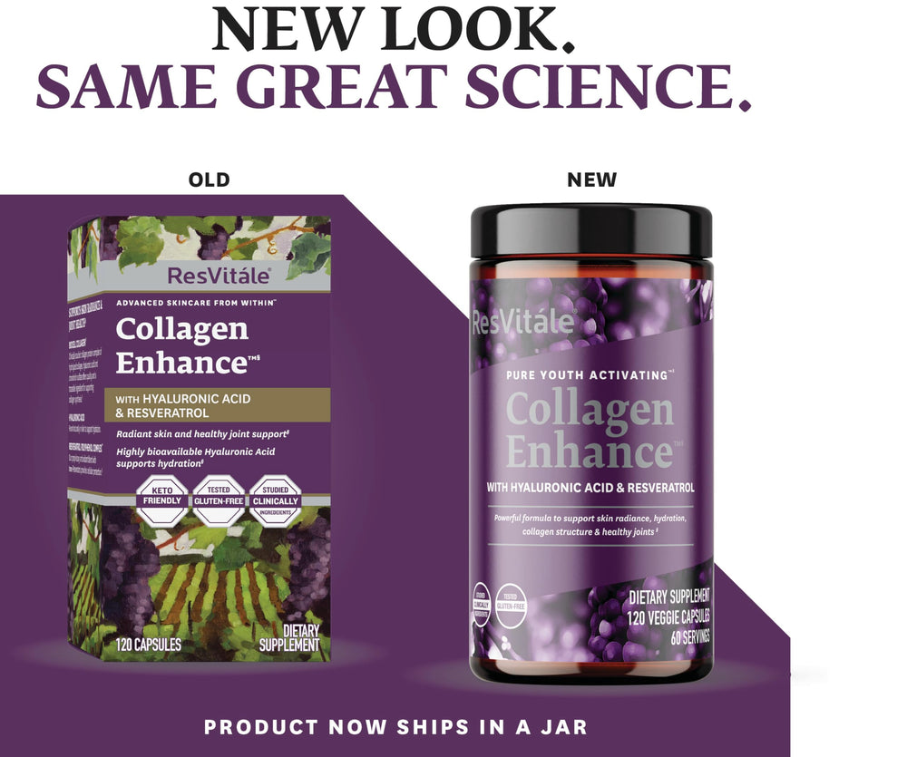 ResVitale Collagen Enhance label shows ingredients and benefits for hydration.