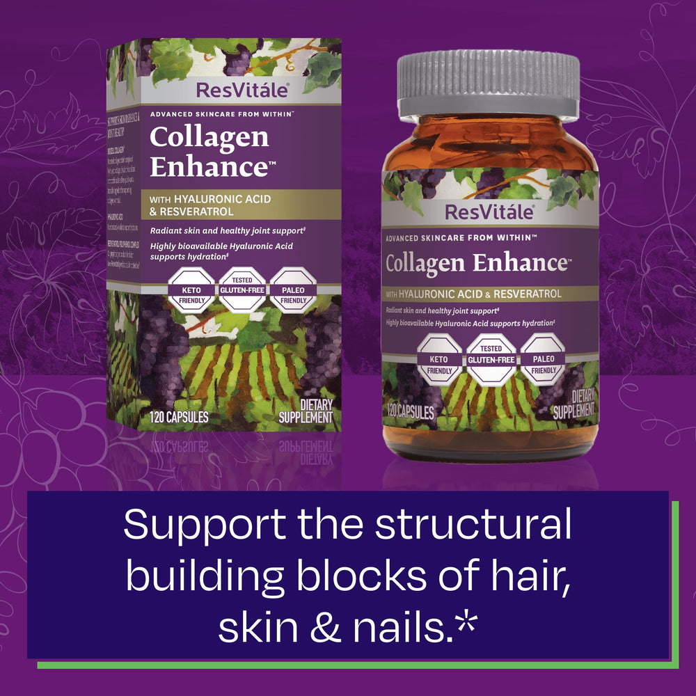 ResVitale Collagen Enhance packaging shot suggests easy daily use.