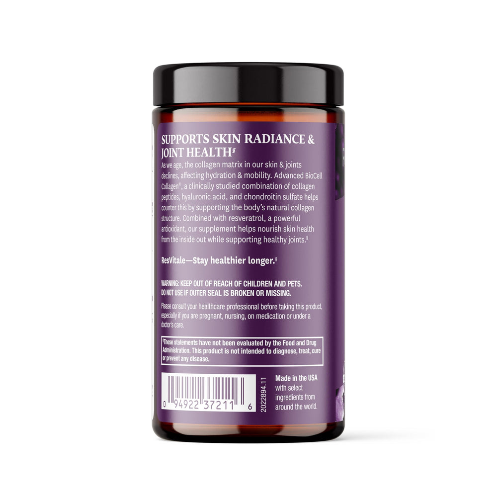 ResVitale Collagen Enhance resveratrol bottle close-up hints vitality support.
