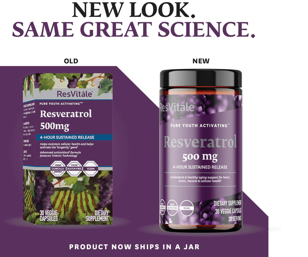 ResVitale Resveratrol label and packaging highlighting potency and vegan capsules