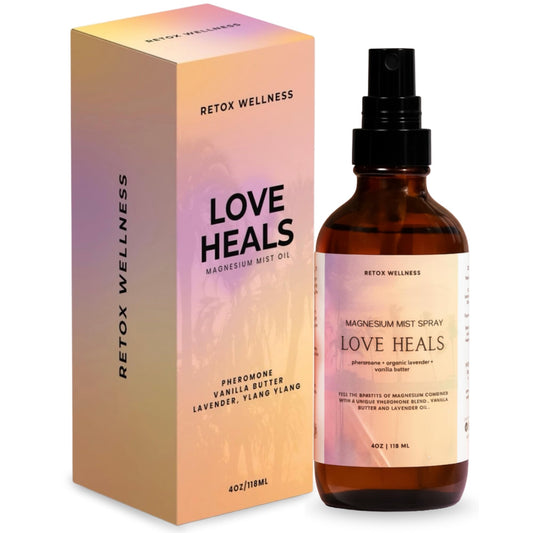 Retox Wellness Love Heals magnesium mist bottle ready for nightly rituals.