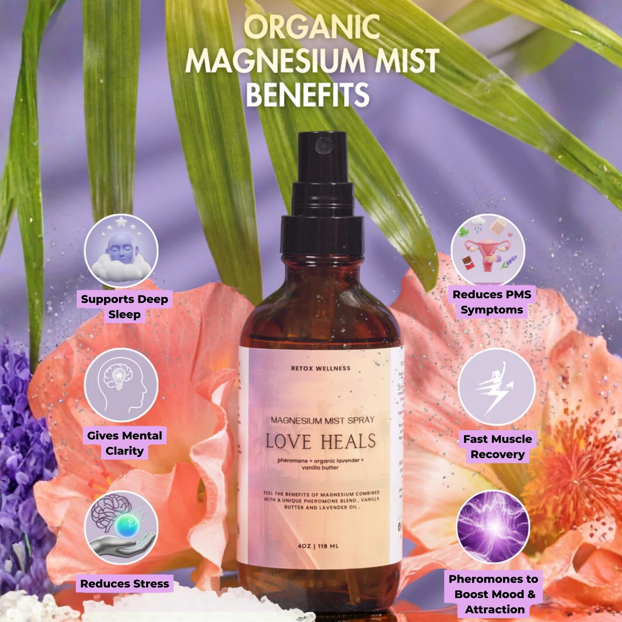 Retox Wellness Love Heals magnesium mist close-up showing smooth spray.