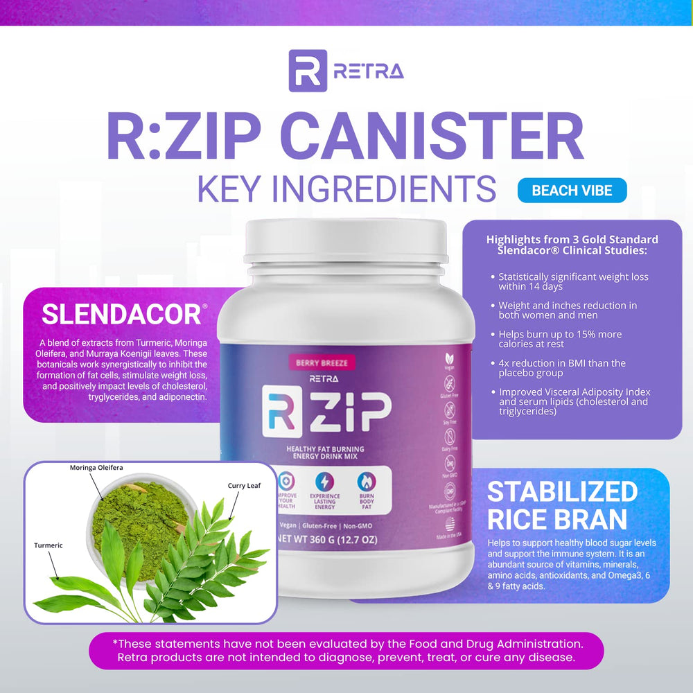 Glass with RETRA Berry Breeze powder ready to dissolve for a refreshing energy boost.
