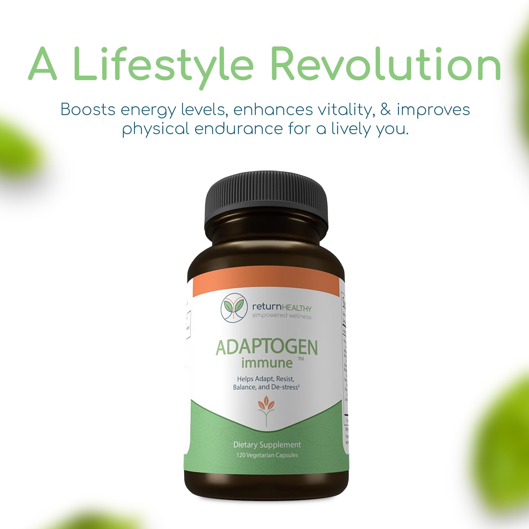 Return Healthy 120-capsule bottle on desk for daily resilience.