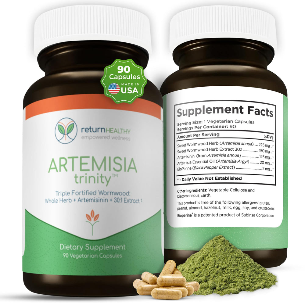 Return Healthy Artemisia Trinity bottle front with a clear label for trusted daily use.