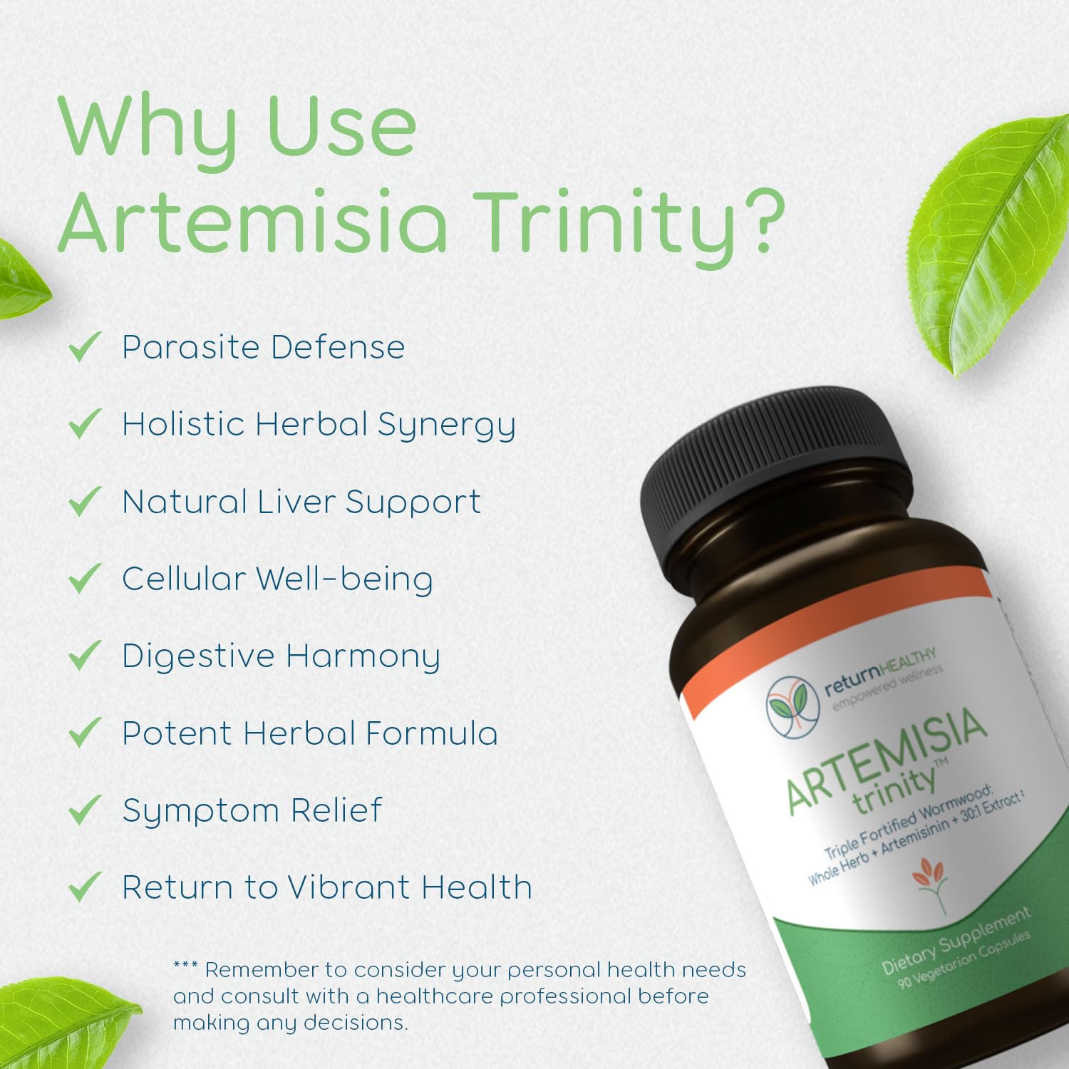 Return Healthy Artemisia Trinity made-in-USA label signaling quality and safety.