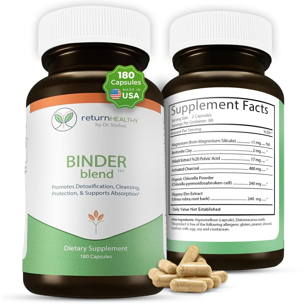 Return Healthy Binder Blend bottle-pour shows easy-to-take capsules supporting digestive comfort.