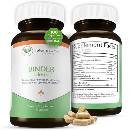 Return Healthy Binder Blend bottle-pour shows easy-to-take capsules supporting digestive comfort.