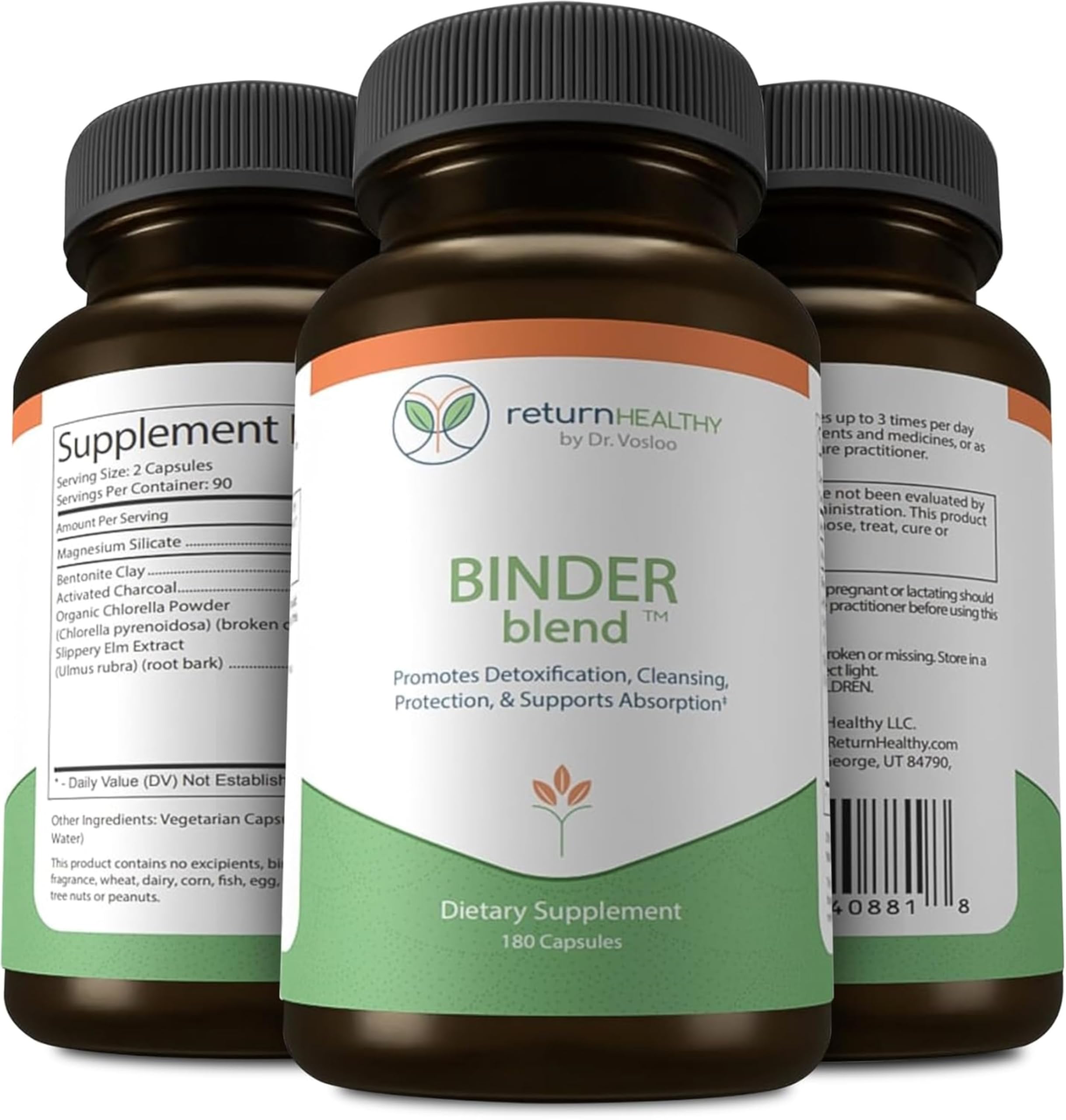 Return Healthy Binder Blend bottle with capsules for gut detox and bloating support.