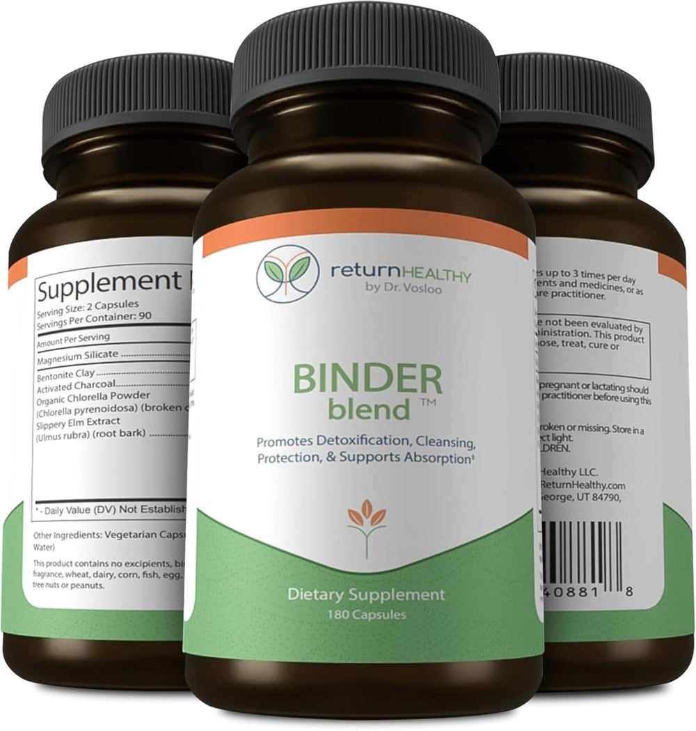 Return Healthy Binder Blend bottle with capsules for gut detox and bloating support.