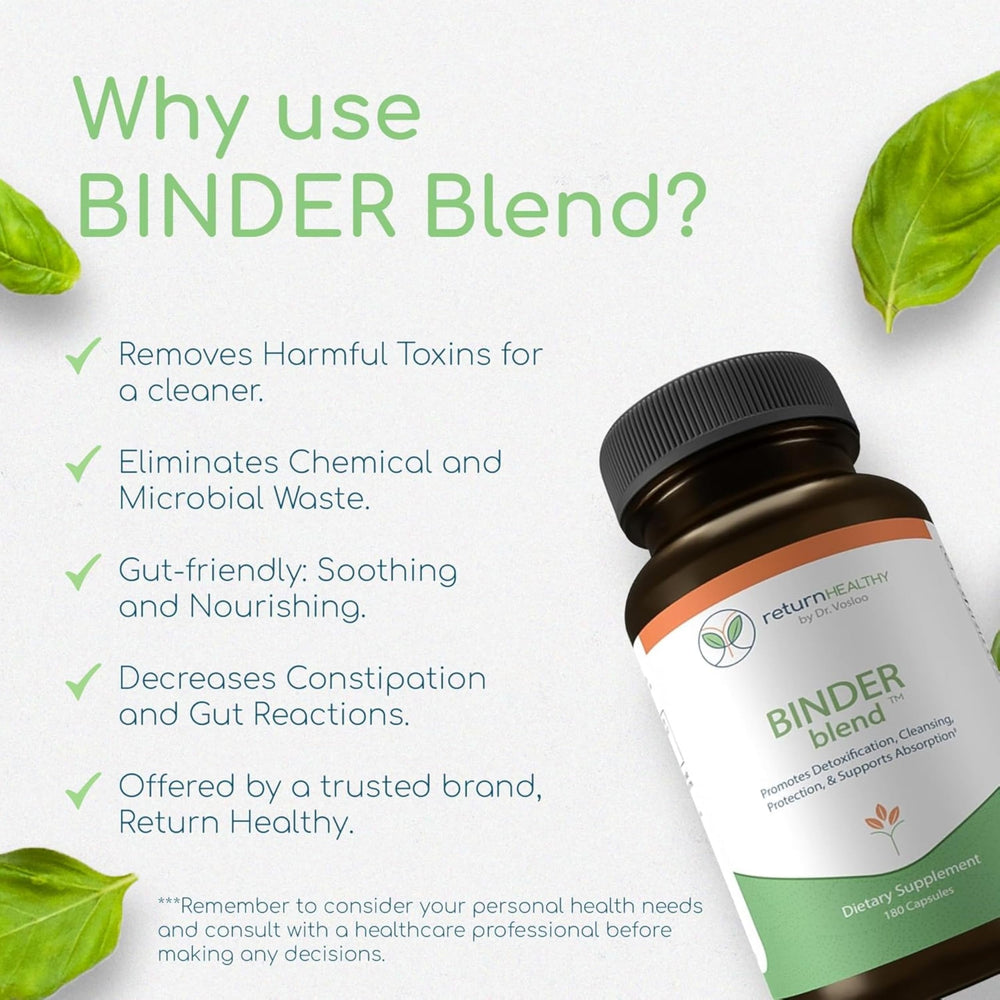 Binder Blend vegan, natural detox capsules with charcoal and clay.
