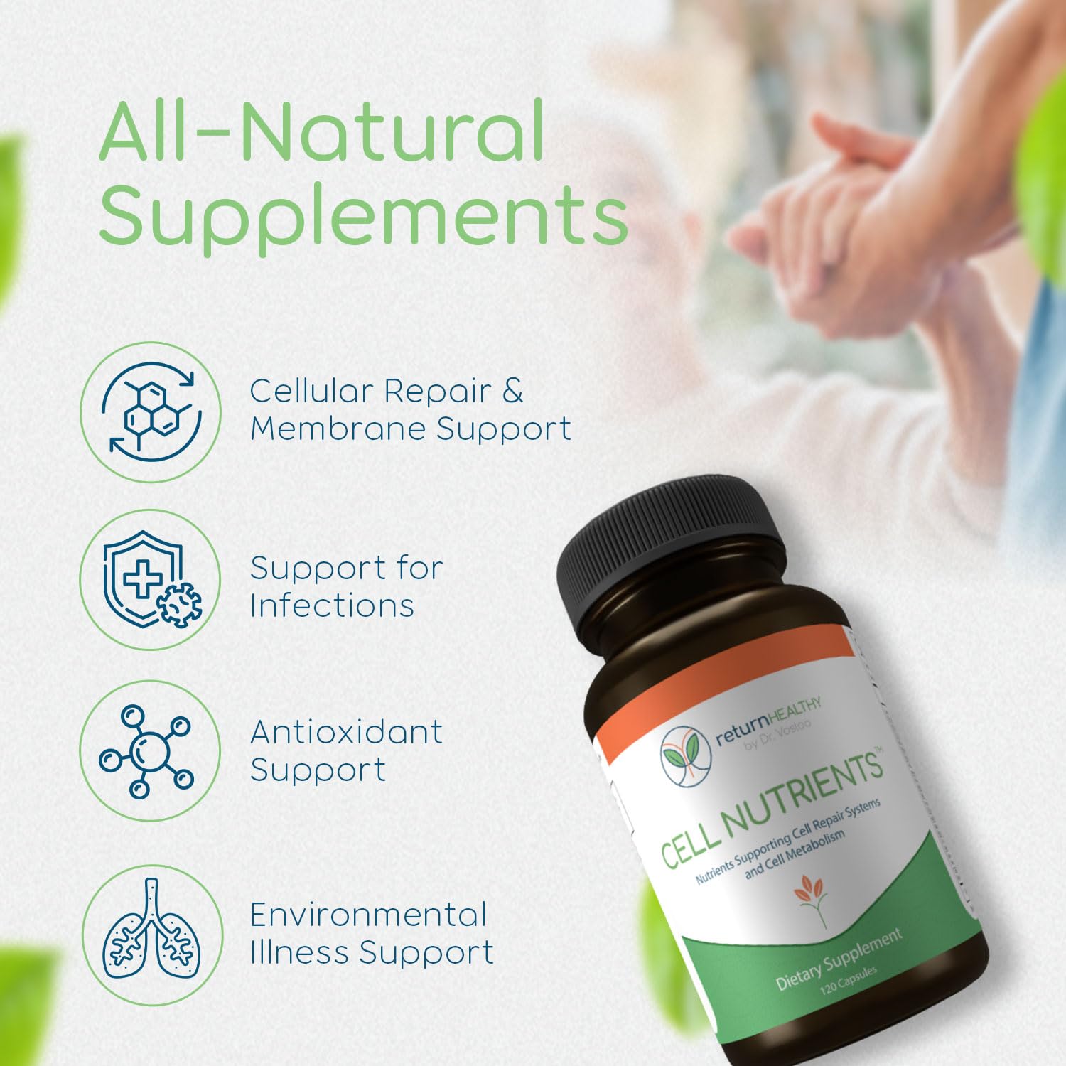 Return Healthy Cell Nutrients capsules close-up showing vegan, non-GMO formula