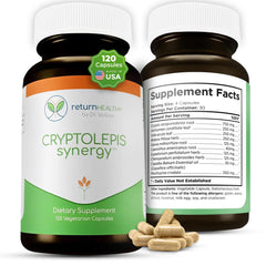 Return Healthy Cryptolepis Synergy bottle front on a clean desk supporting daily wellness
