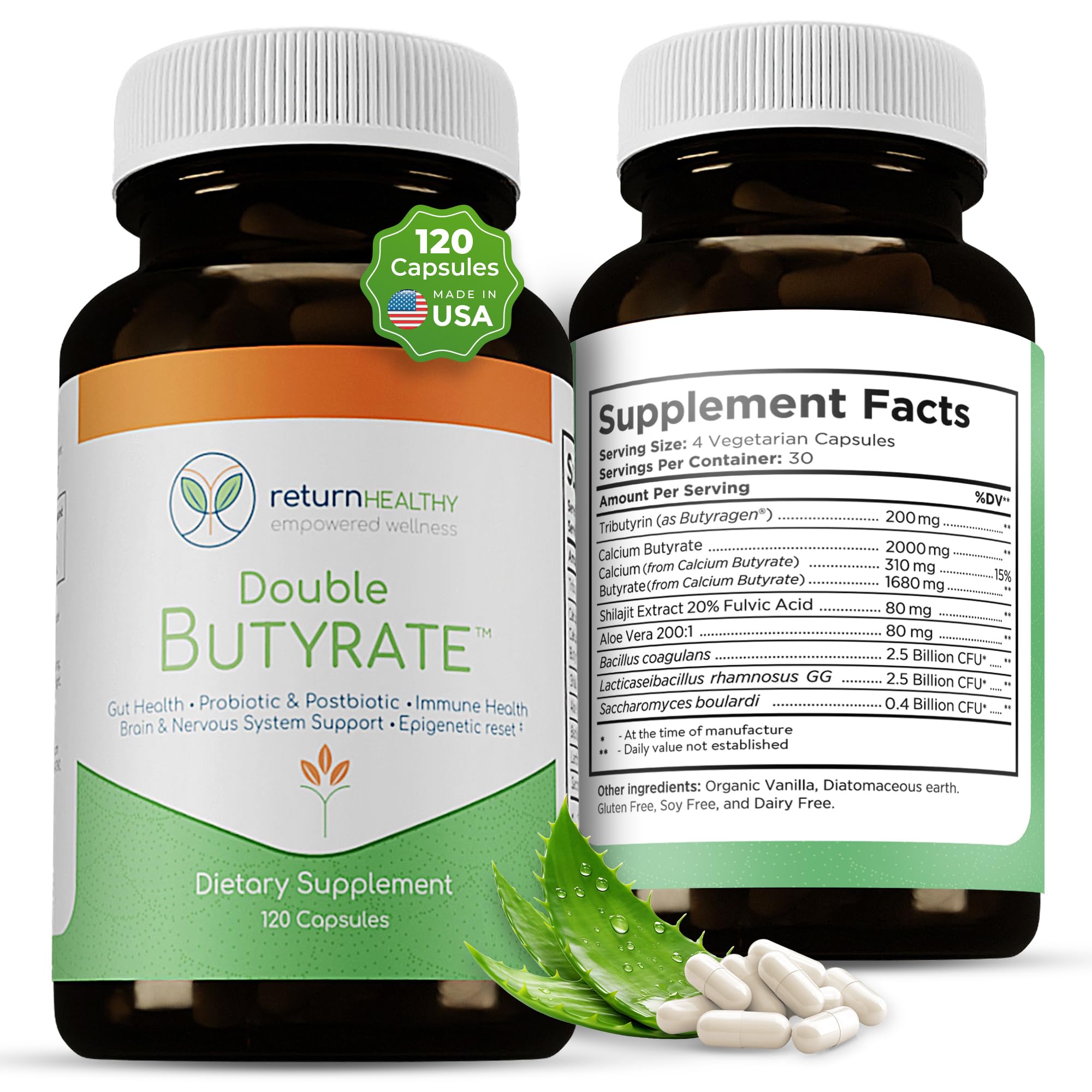 Return Healthy Double Butyrate bottle and capsules promote gut health.