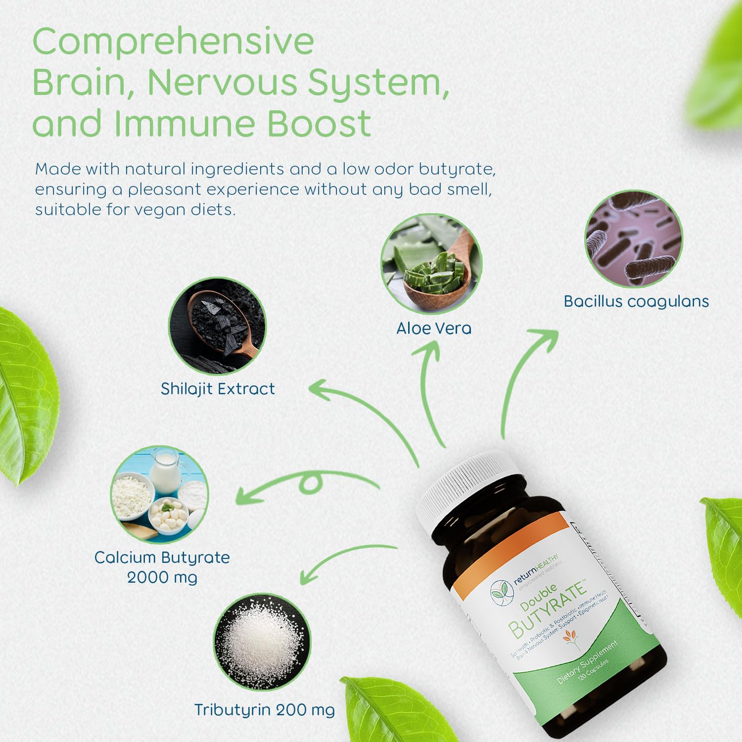 Detail of Return Healthy label shows dual butyrate approach for gut health.