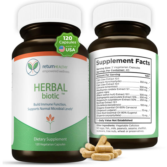 Return Healthy Herbal Biotic bottle for daily immune support in capsules