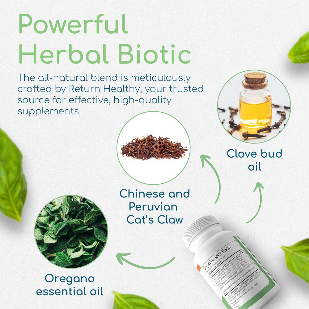 Return Healthy Herbal Biotic label showing vegan ingredients