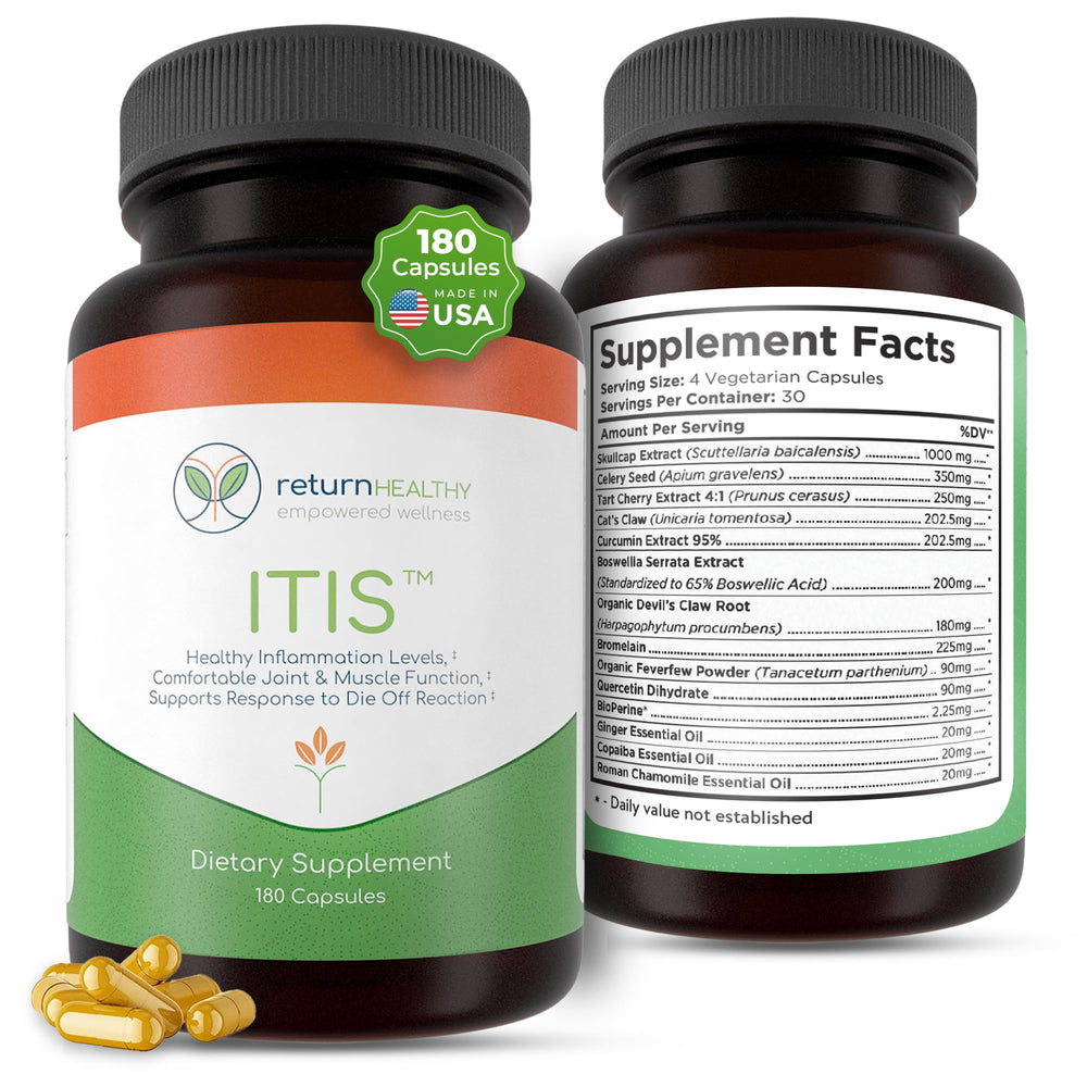 Return Healthy ITIS joint-discomfort bottle highlighting an easy-to-use label and portability.