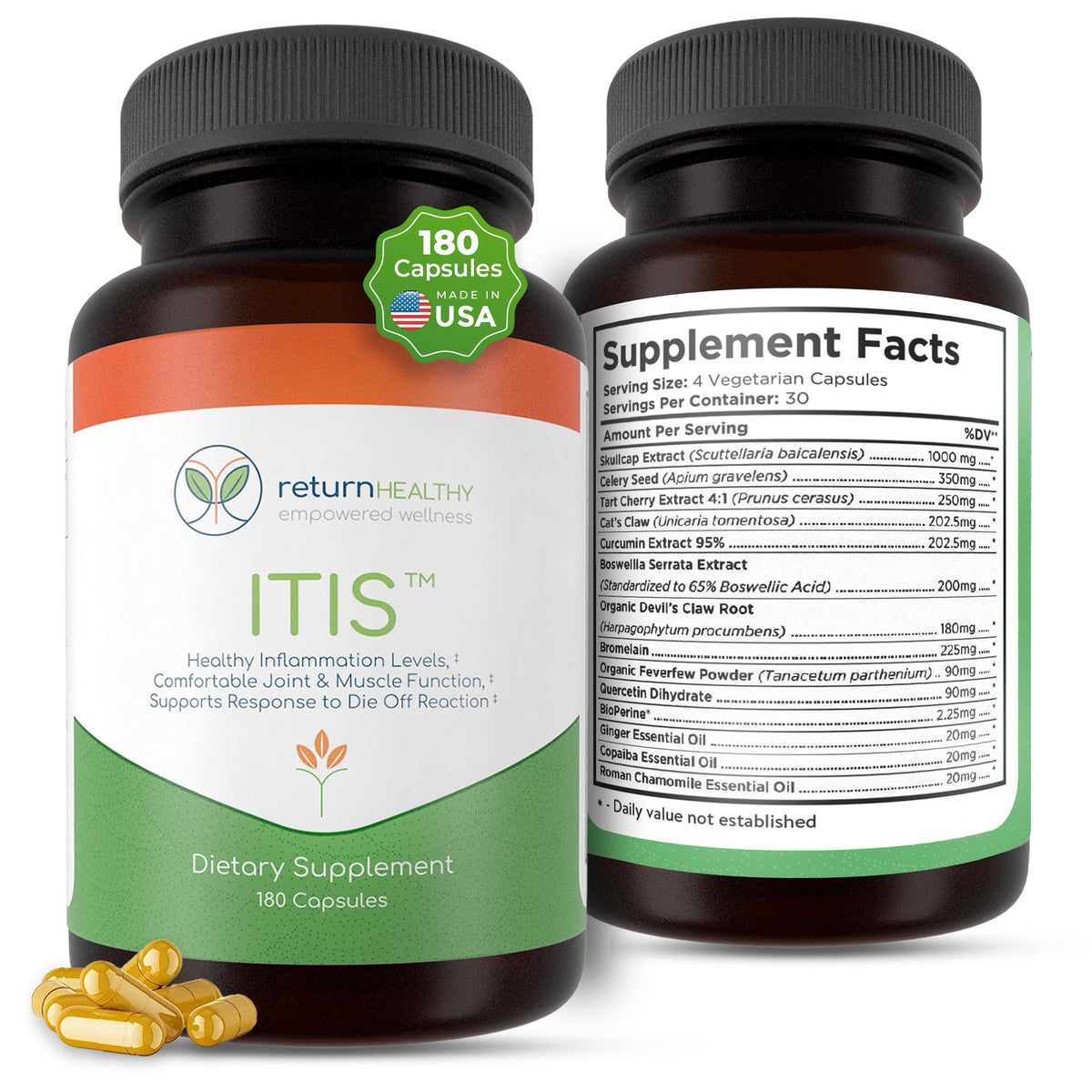 Return Healthy ITIS joint-discomfort bottle highlighting an easy-to-use label and portability.