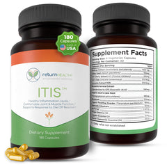 Return Healthy ITIS joint-discomfort bottle highlighting an easy-to-use label and portability.