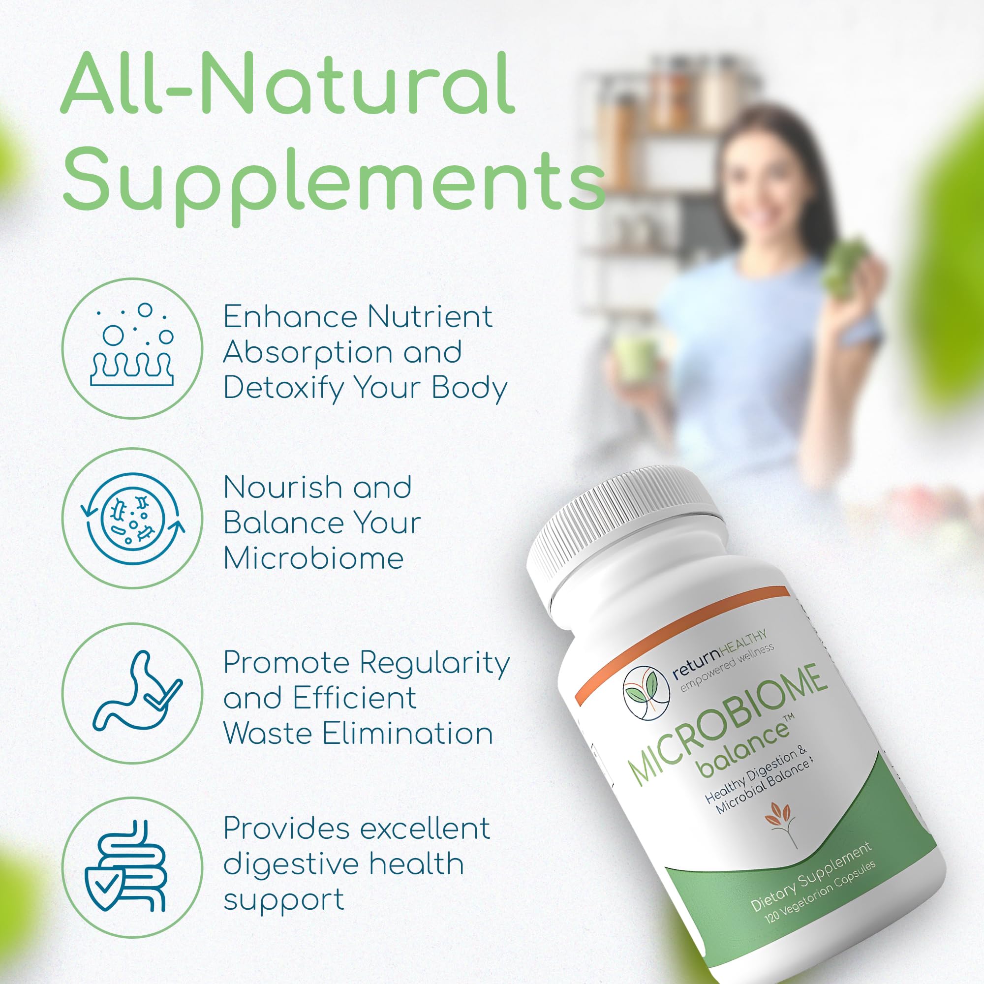 Return Healthy Microbiome Balance ingredients closeup showing botanical blends