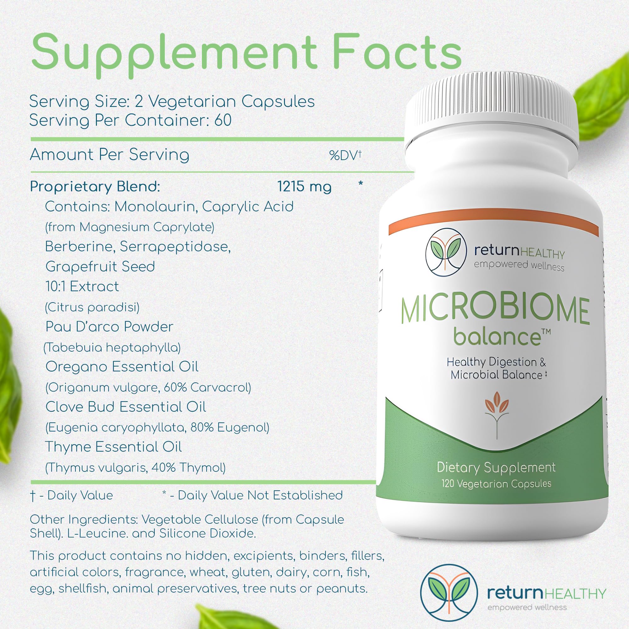 Return Healthy Microbiome Balance monolaurin caprylic acid detail highlighting key ingredients