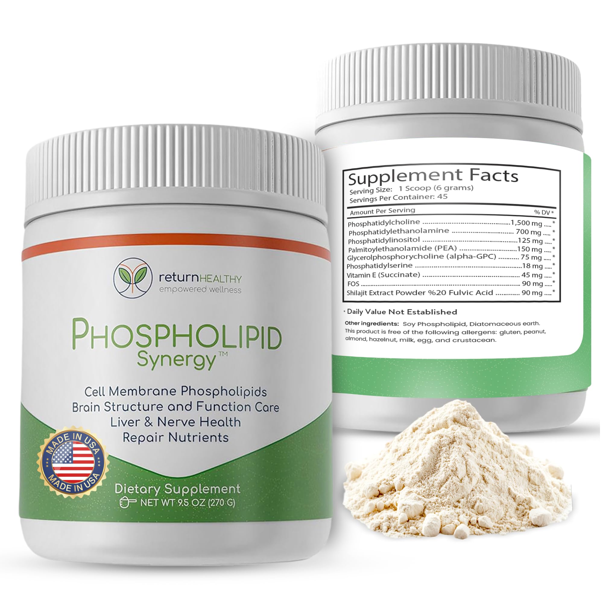 Return Healthy Phospholipid Synergy powder in jar supports cellular health.