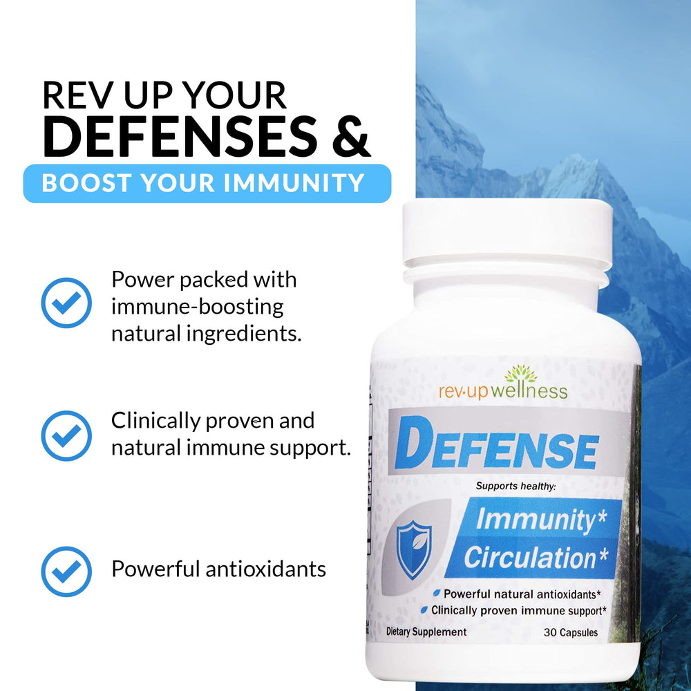 Rev Up Wellness Defense capsules closeup for convenient daily use.