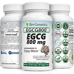 REVGENETICS EGCG 800mg bottle label close up showing clean caffeine free energy support