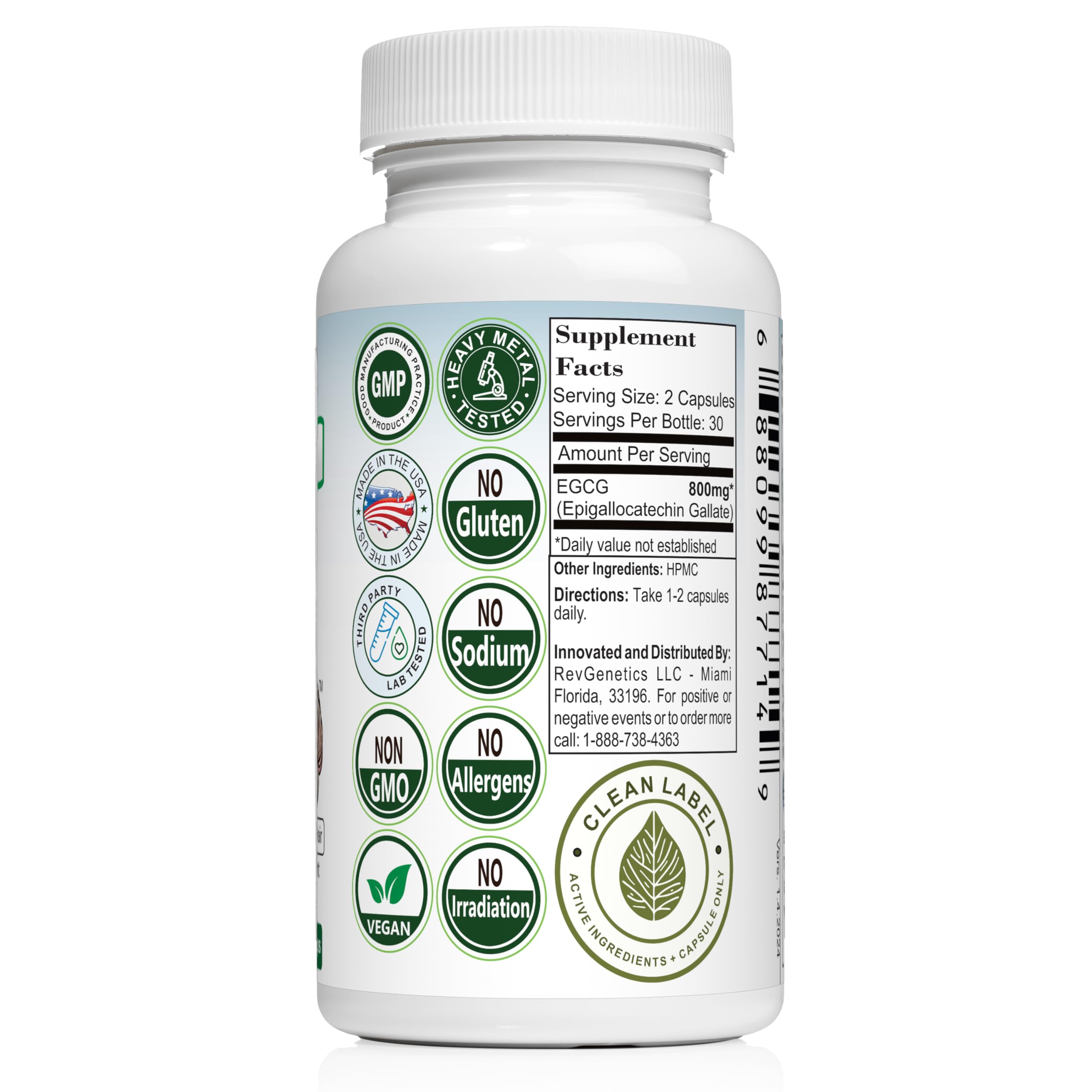 REVGENETICS EGCG 800mg ingredients panel image communicates non GMO and vegan friendly formula